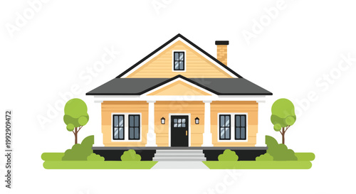 Yellow Suburban House Illustration with Front Porch and Garden Vector Home Exterior Design