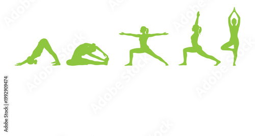 Green yoga poses isolated on white background for fitness and wellness