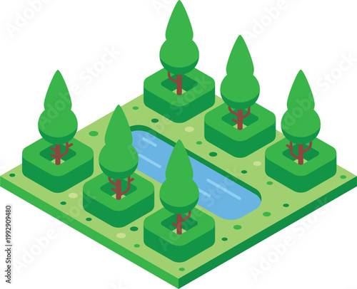 Green isometric parkland with trees and bushes growing around a small river flowing through, creating a peaceful and relaxing natural environment