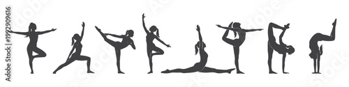 Silhouette of eight women performing various yoga poses isolated on white background