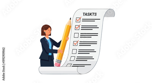 Business woman, checklist, tasks, to-do list, office work, vector illustration