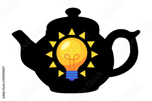 Tea kettle silhouette with glowing light bulb inside. Conceptual graphic representing creativity, productivity and energy boost from tea drink. Flat vector icon for office beverage break
