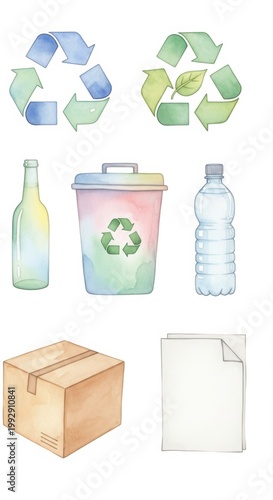 Watercolor recycling symbols and items: eco-friendly bottles, bin, box, and paper