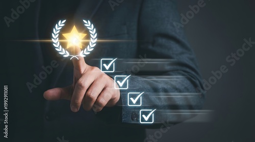 Businessman selecting a glowing star icon with a laurel wreath and checklist options