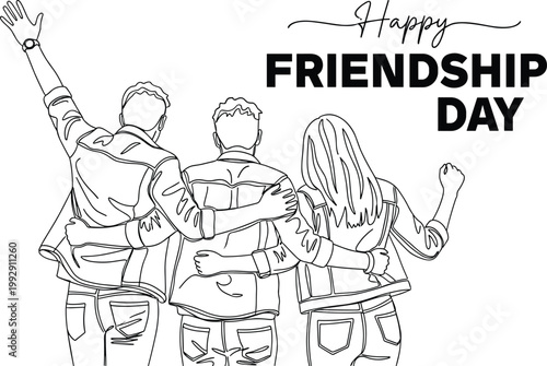 Happy Friendship Day line art illustration with group of friends standing together with arms around each other for unity concept design