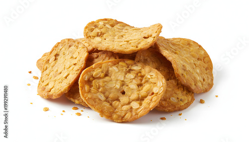 Crispy Indonesian Keripik Tempe, thin and savory deep-fried tempeh chips with visible soybean texture, on a white background