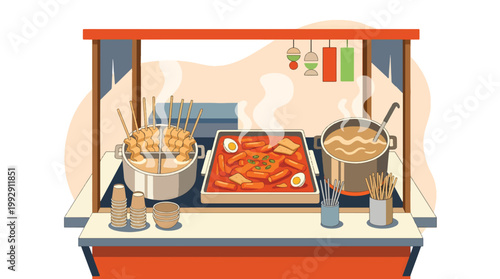 Flat Vector Illustration of Korean Street Food Stall with Tteokbokki and Odeng Fish Cake Skewers