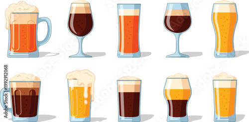 Beer Glass Variety Icon Set with Different Styles of Draft Lager, Ale, Stout, and Craft Beer Drinks for Bar, Brewery, and Beverage Design Projects