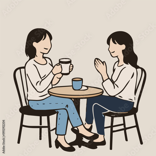 Minimal line illustration of two women talking over coffee at cafe isolated on white background