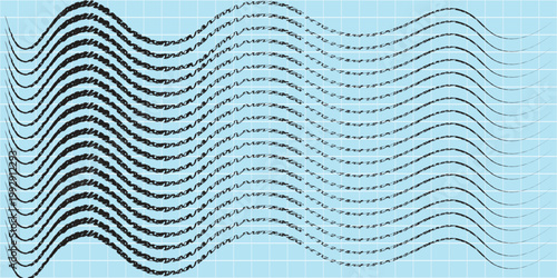 Double seismogram of seismic activity or lie detector record on blue chart paper. Earthquake audio wave diagram. Ground motion, volcano eruption. Polygraph or seismograph. Vector illustration