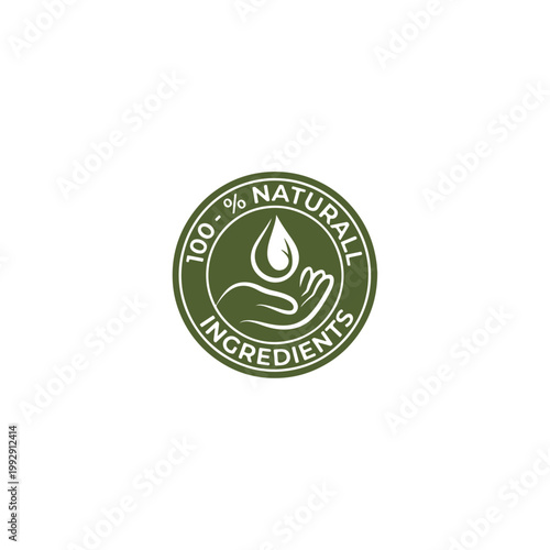 100 Percent Natural Ingredients Badge with Leaf and Hand for Organic Products