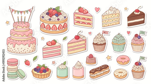 Pastel Dessert and Birthday Cake Sticker Set Illustration