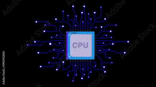 Close-up of a glowing CPU chip with radiating blue circuit board lines on a dark background, motion graphics
