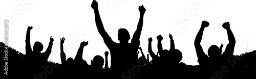 Silhouette of cheering crowd with hands raised in the air