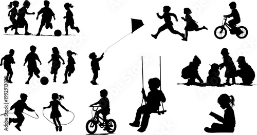 Children playing outside silhouettes diverse activities on a white background