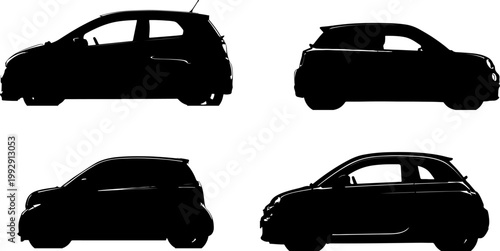 Four black silhouette icons of vintage mini cars in different perspectives
