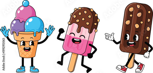 "Cartoon vector illustration set of anthropomorphic ice cream cone, popsicle, and chocolate bar characters with expressive faces for playful dessert branding projects"