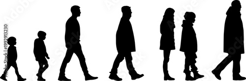 Diverse age groups walking, from child to adult and elderly