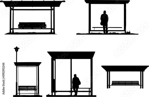Silhouettes of empty and occupied bus stops with benches and people waiting