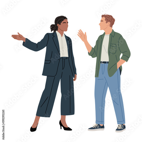 Two people converse animatedly, gesturing widely. One wears a sharp suit, the other a casual jacket. They appear engaged, possibly discussing a project or idea. Ideal for illustrating teamwork, debate