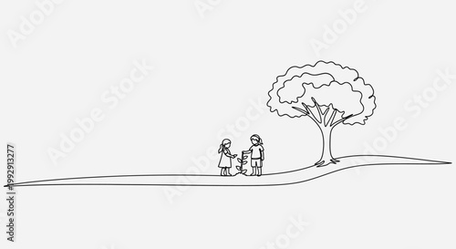 Two Children Playing Under a Tree in a Minimalist Line Art Style