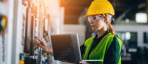 The female engineer wearing hard hat and vest using laptop at industrial control panel