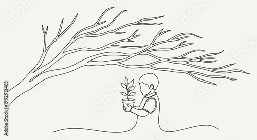 Child Protects Young Plant Under Bare Tree Branches, Single Line Art