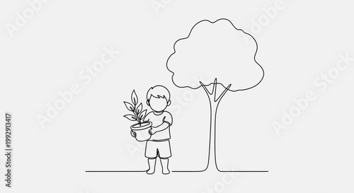 Child planting a sapling next to a large tree, continuous line drawing, eco concept
