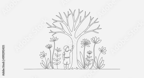 Child Reaching Up To Tree Silhouette, Surrounded By Flowers