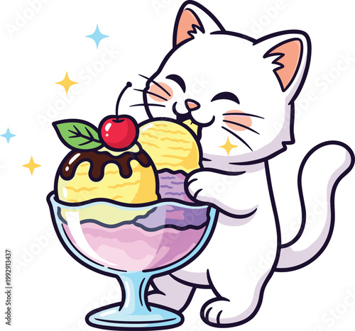 "Cartoon vector illustration of cheerful white cat holding colorful ice cream sundae with scoops, syrup, cherry, and stars for playful dessert branding projects"