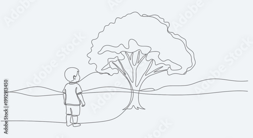 Child standing before large tree, minimalist line art, childhood nature exploration
