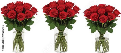 Red Rose Bouquet in Glass Vase Illustration Set Featuring Fresh Romantic Flowers Arrangement for Wedding Valentine Decoration and Floral Design Projects