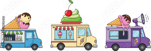"Cartoon vector illustration set of colorful ice cream trucks with striped awnings, decorative cones, and playful designs for dessert and street food branding projects"