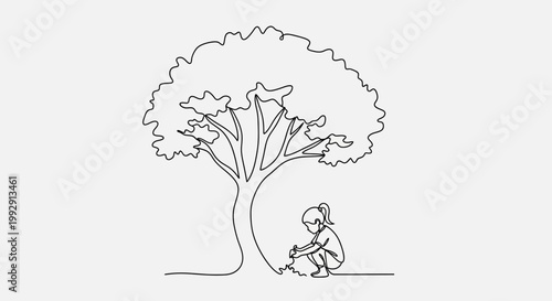 Child under tree, continuous line drawing, nature, simplicity