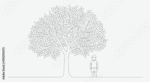 Child Standing Next to Large Tree Outline, Growth Concept