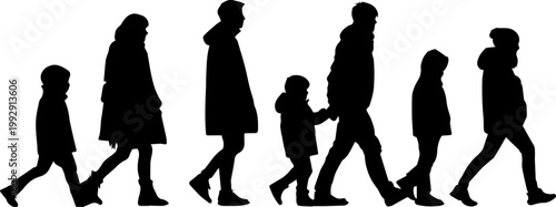 Silhouettes of a family walking together across a white background