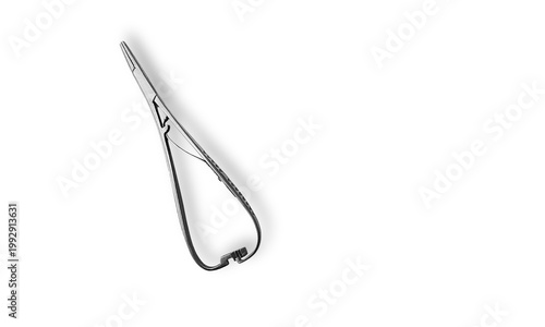 Stainless steel needle holder surgical instrument on white background, medicalequipment