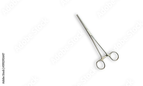 Hemostat surgical clamp isolated on white background, stainless steel medical instrument for healthcare use