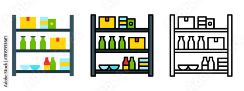 Shelf with bottles cups boxes supermarket storage display