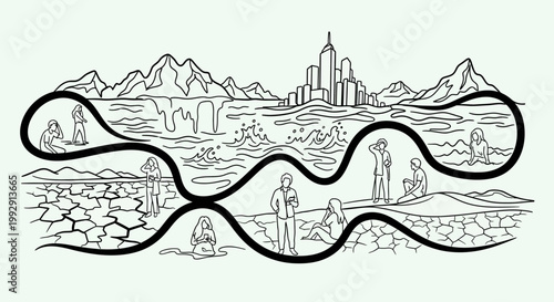 Dystopian Landscape: City vs Nature, Human Struggle, Climate Change, Environmental Crisis