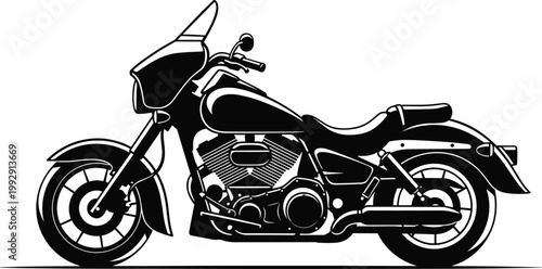 Motorcycle silhouette illustration, classic cruiser bike design, motorbike transport icon, black chopper vehicle isolated on white background design