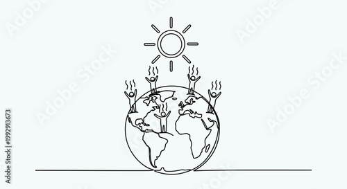 Diverse people around the globe celebrate sunshine, reaching hands up to the sky and sun.