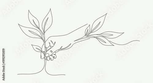 Hand holding a delicate sapling, symbolizing growth, nature, and new beginnings. Minimalist line art.