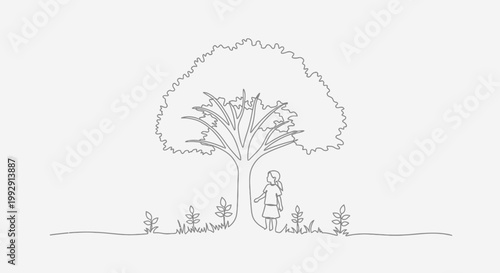 Minimalist Line Art: Girl Under Tree, Nature, Childhood, Simplicity