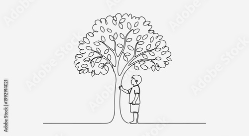 Single Line Drawing of a Boy Standing Under a Lush Tree