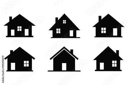 Collection of six identical black house icons arranged in two rows of three, showcasing simple architectural silhouettes