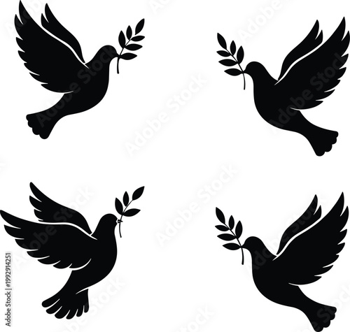 Set of black dove silhouettes with olive branch symbolizing peace, freedom, hope and harmony isolated on white background