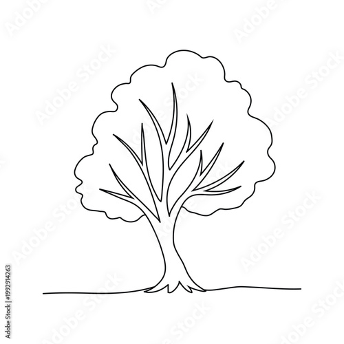Single line drawing deciduous tree with full canopy on ground contour