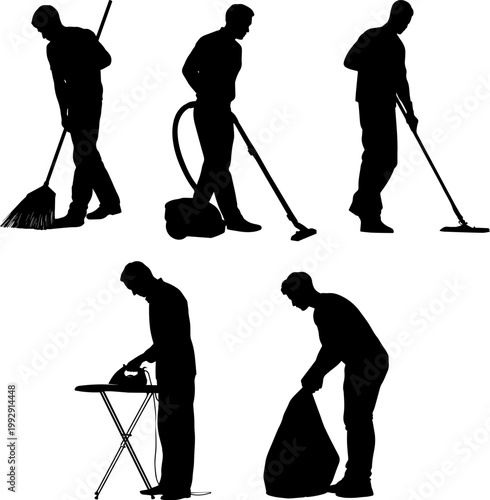 Silhouettes of people cleaning with broom, vacuum, mop, iron, and bag