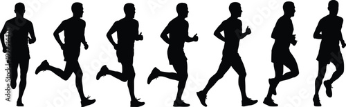 Set of running man silhouettes in different poses, athlete motion collection for fitness design, sports concept, and active lifestyle illustration